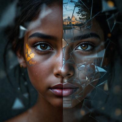 The primary subject of the image is a woman with a unique appearance, featuring two different faces on her body. One face is on her left side, and the other is on her right side. The setting is a cityscape, with a large building visible in the background. The visual style is a combination of photo and digital art, creating a striking and intriguing image. The colors and mood are predominantly dark, with the woman's faces being the main focus of the image.